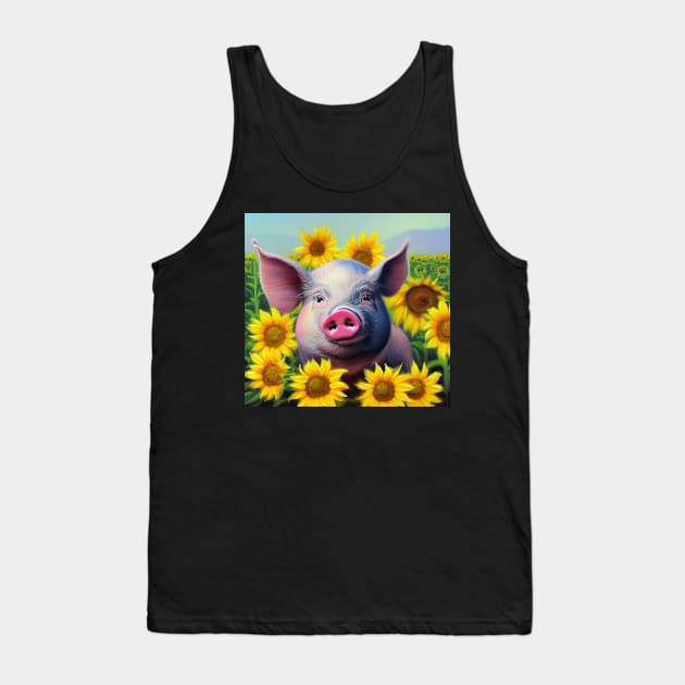 Pig and Sunflowers Tank Top by TrapperWeasel